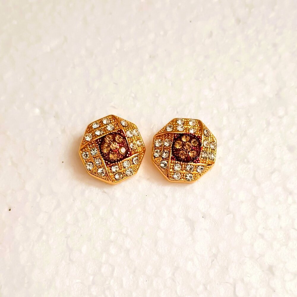 Estella Pave Octagon Stud Earrings Gold Tone with Brown Center Stones